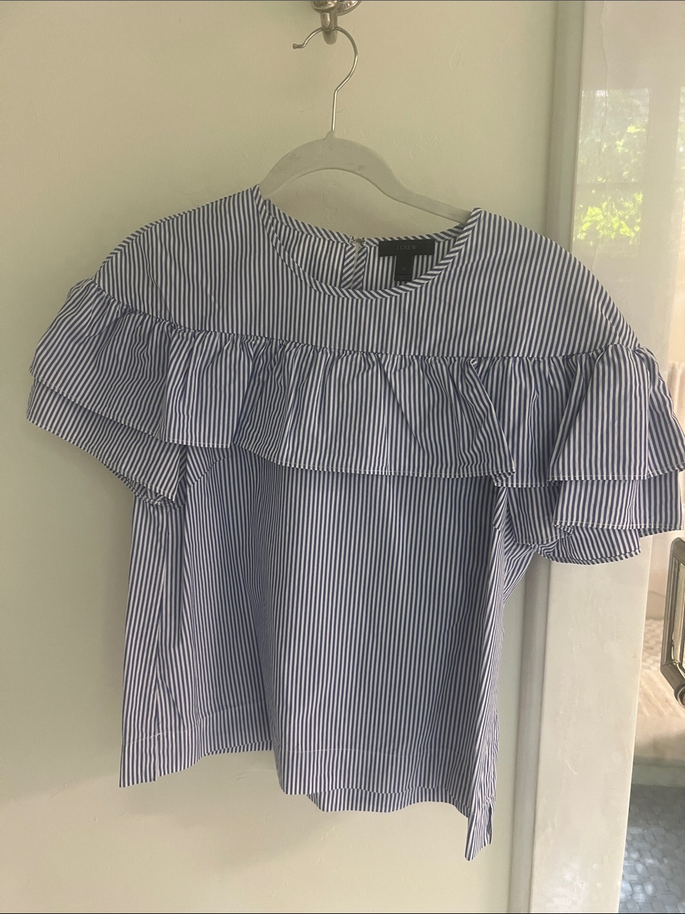 J. Crew Blue & White Striped Ruffle-Yoke Blouse